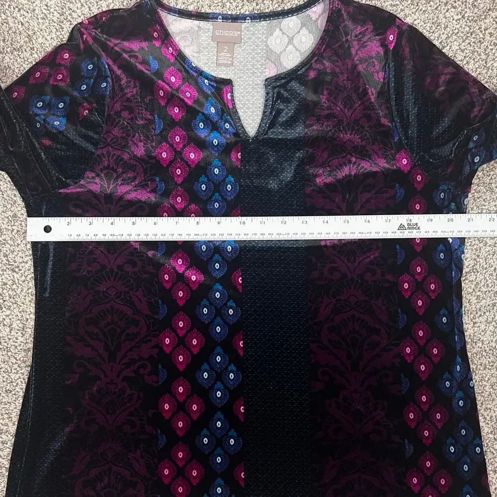 Chicos Womens L Whimsigoth Artsy Boho Eclectic Velvet Split V-Neck Tunic Top